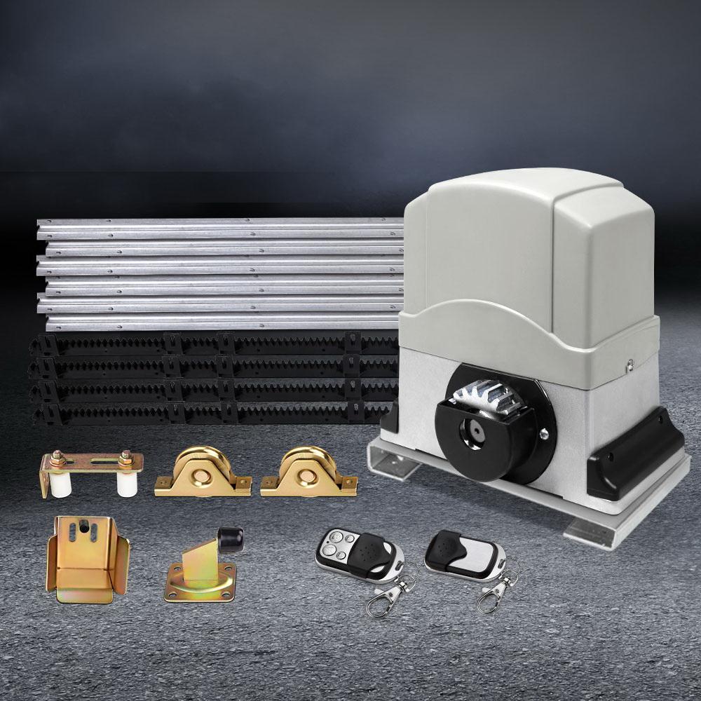 LockMaster Electric Sliding Gate Opener with hardware kit, designed for gates up to 1200KG, featuring remote control and emergency manual release.